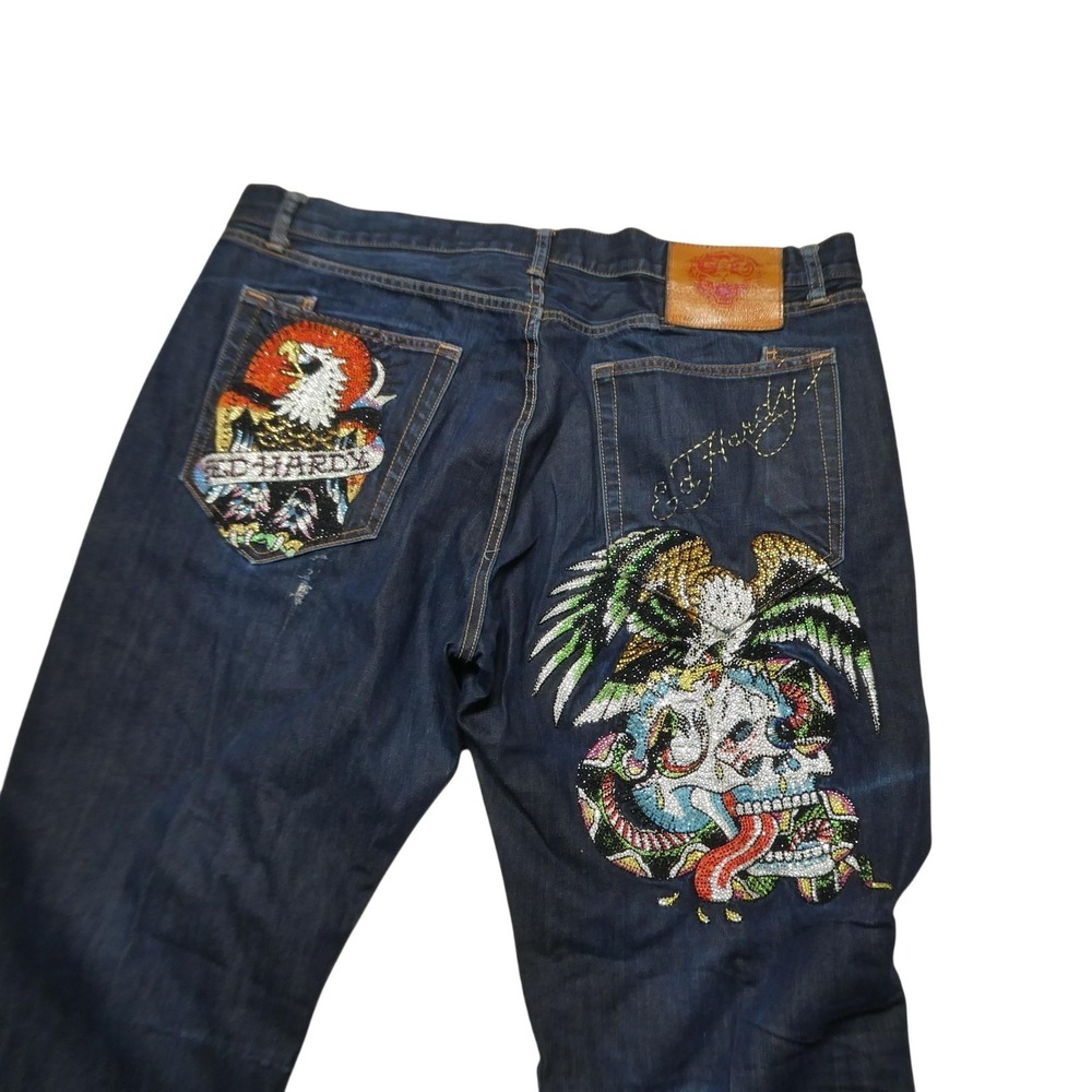 Ed Hardy Jeans Mens 44x33 Blue Relaxed Straight Skull Snake Rhinestone Denim